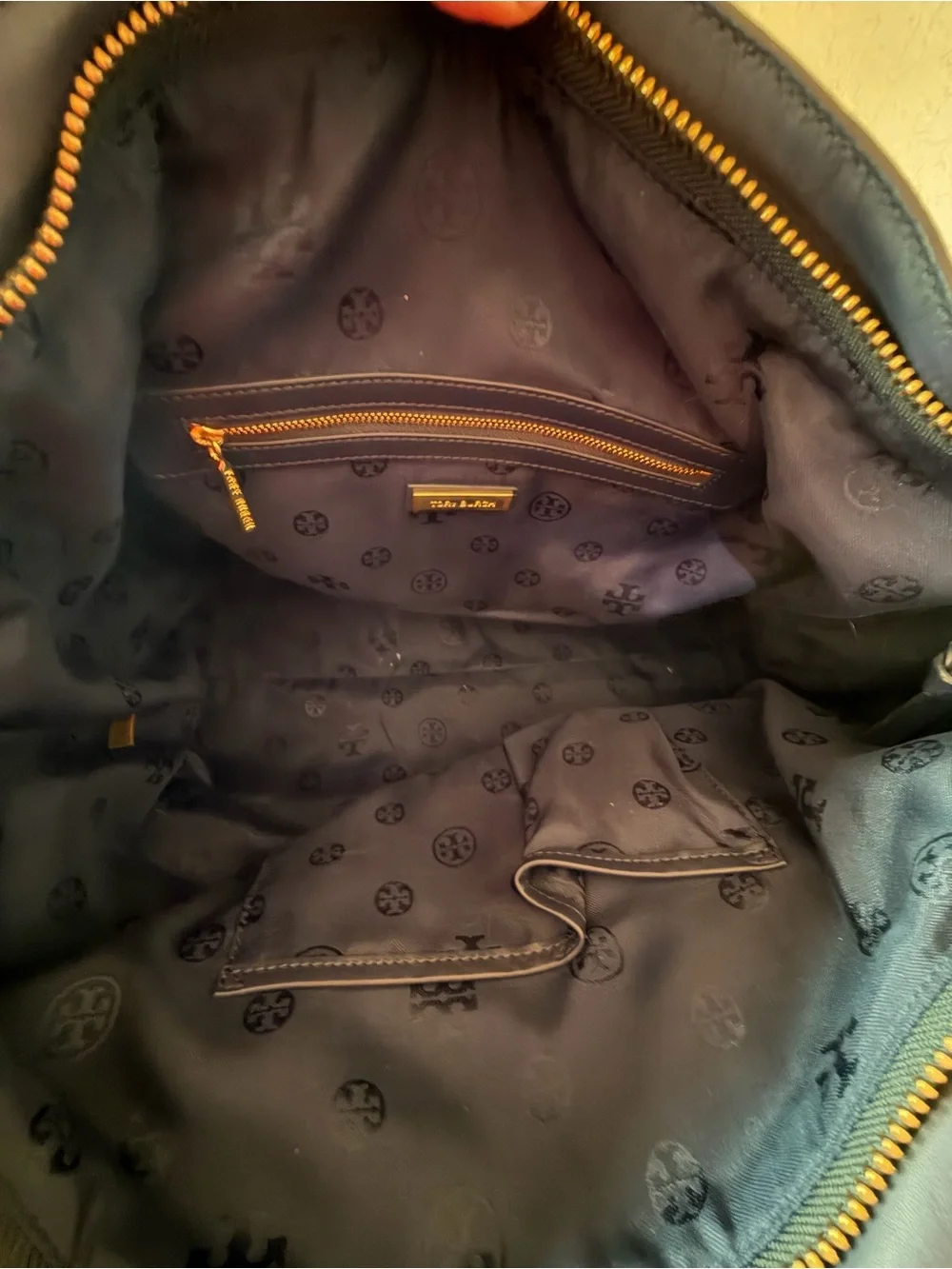 Tory Burch Olive Green, Navy and Cream Tapestry Tote with Dust Bag & long strap